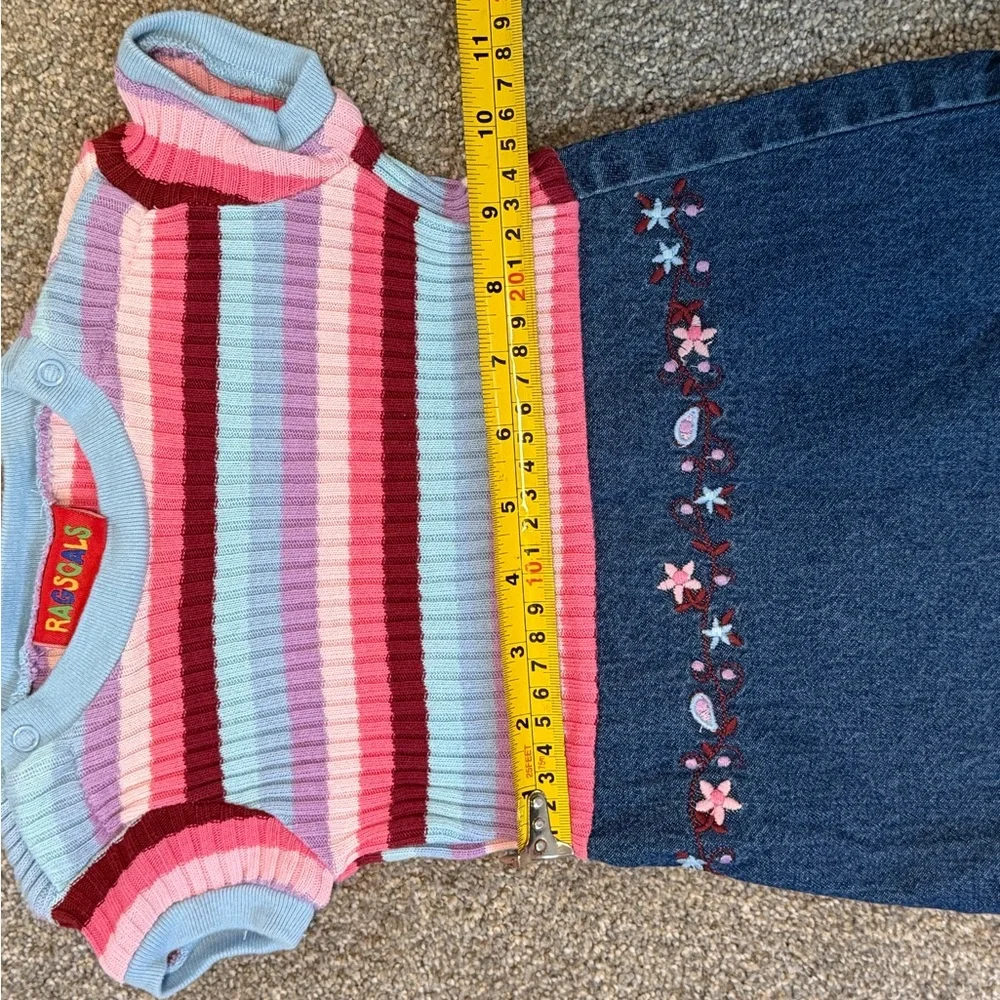 Vintage Toddler Sweater Dress 12M | Stripe Knit & Denim Embroidered Floral Dress - Picture 4 of 6